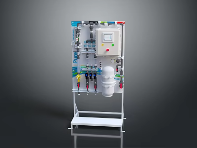 Industrial Equipment With Control Panel Pipes Valves And White Tank On Metal Stand 3d model