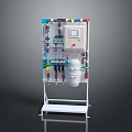 Industrial Equipment With Control Panel Pipes Valves And White Tank On Metal Stand
