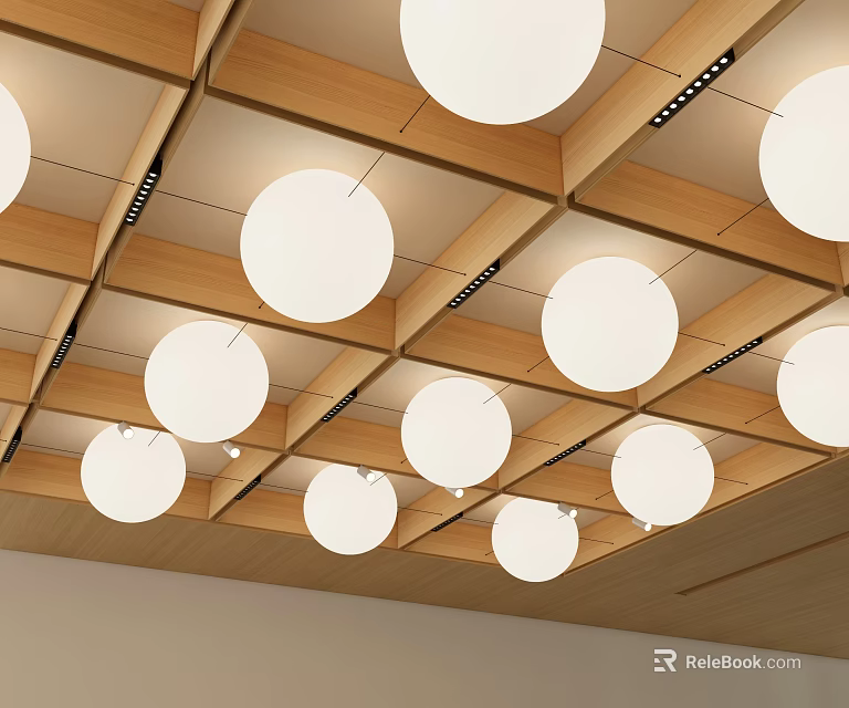 Modern Ceiling Design With Wooden Grid And White Circular Lights 3d model 
