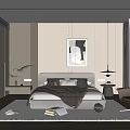 Modern Bedroom Interior With Bed Abstract Artwork Glass Wardrobe Rug And Cozy Chair