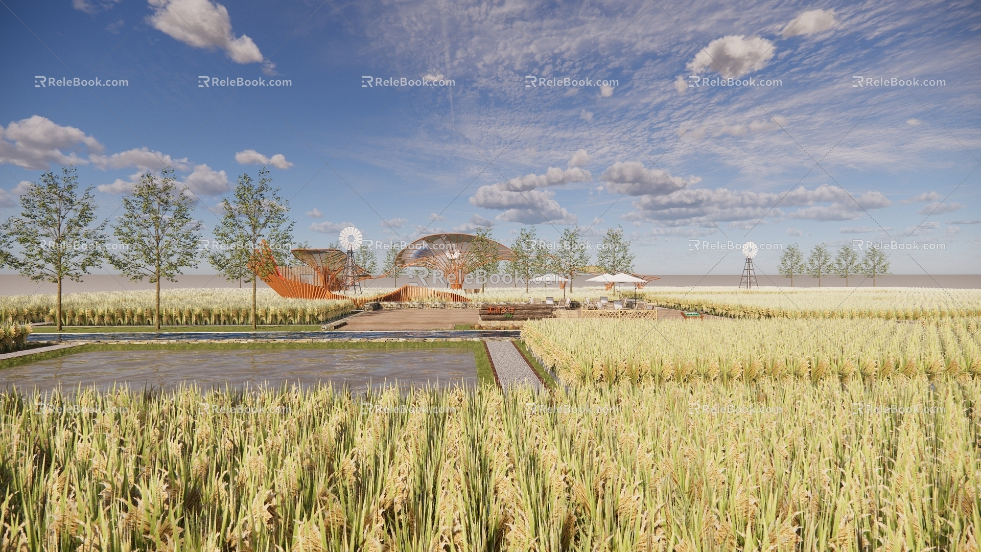 Modern paddy rural agricultural landscape 3d model