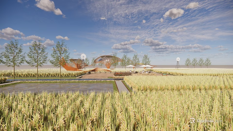 Rural Landscape With Golden Rice Fields Wooden Structure Pathway Trees And Blue Sky 3d model 