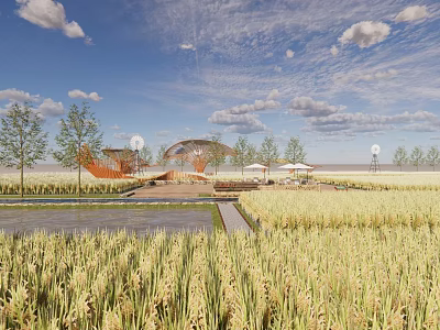 Rural Landscape With Golden Rice Fields Wooden Structure Pathway Trees And Blue Sky 3d model