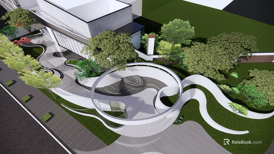 Modern Entrance Gate with Curved Pathway Lush Greenery and Lawn Landscaping 3d model 