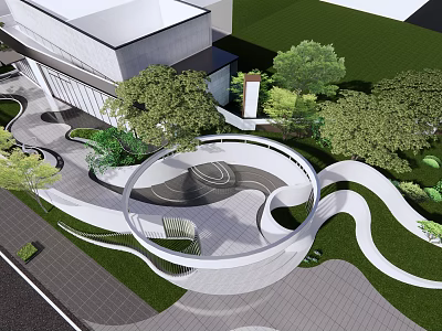 Modern Entrance Gate with Curved Pathway Lush Greenery and Lawn Landscaping 3d model