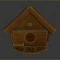 Wooden Birdhouse Structure With Sloped Roof Circular Entrance And Small Platform