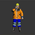 Man Wearing Yellow Hard Hat Orange Jacket Blue Pants With Green Reflective Stripes Rain Boots