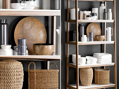 Stylish Dinnerware Set with Wooden Plates Bowls White Black Containers on Organized Wooden Shelves 3d model