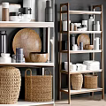 Stylish Dinnerware Set with Wooden Plates Bowls White Black Containers on Organized Wooden Shelves