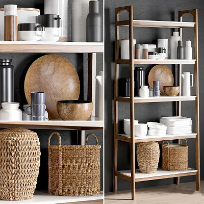 Stylish Dinnerware Set with Wooden Plates Bowls White Black Containers on Organized Wooden Shelves 3d model
