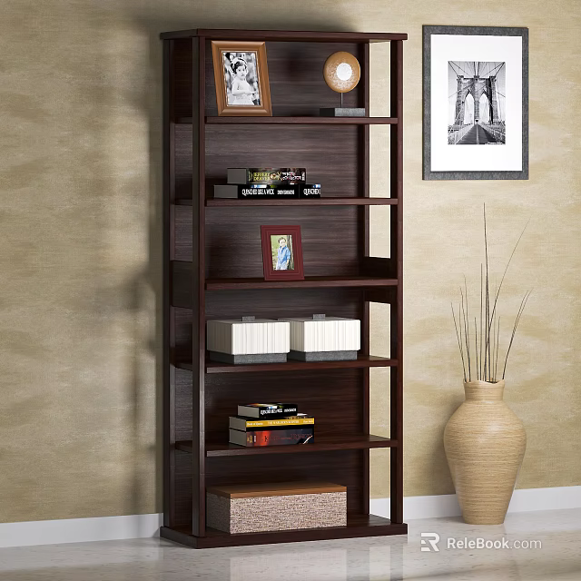 Dark Colored Multi Shelf Bookcase With Books Photo Frames Decorations And Vase 3d model 