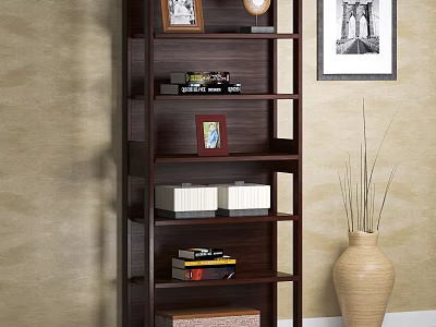 Dark Colored Multi Shelf Bookcase With Books Photo Frames Decorations And Vase 3d model