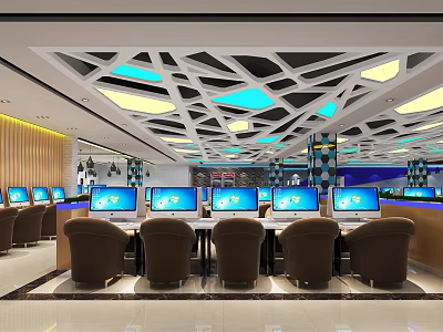 Modern Internet Cafe Interior Design With Multiple Computers Comfortable Seats And Stylish Ceiling Lighting 3d model