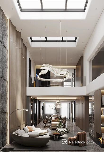 Spacious Duplex Living Room With Modern Chandelier And Minimalist Design 3d model 