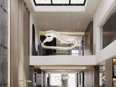 Spacious Duplex Living Room With Modern Chandelier And Minimalist Design 3d model