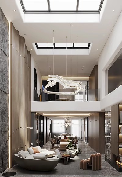 Spacious Duplex Living Room With Modern Chandelier And Minimalist Design 3d model