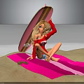 Blonde Girl In Red Top On Pink White Striped Blanket With Pink Surfboard At Beach