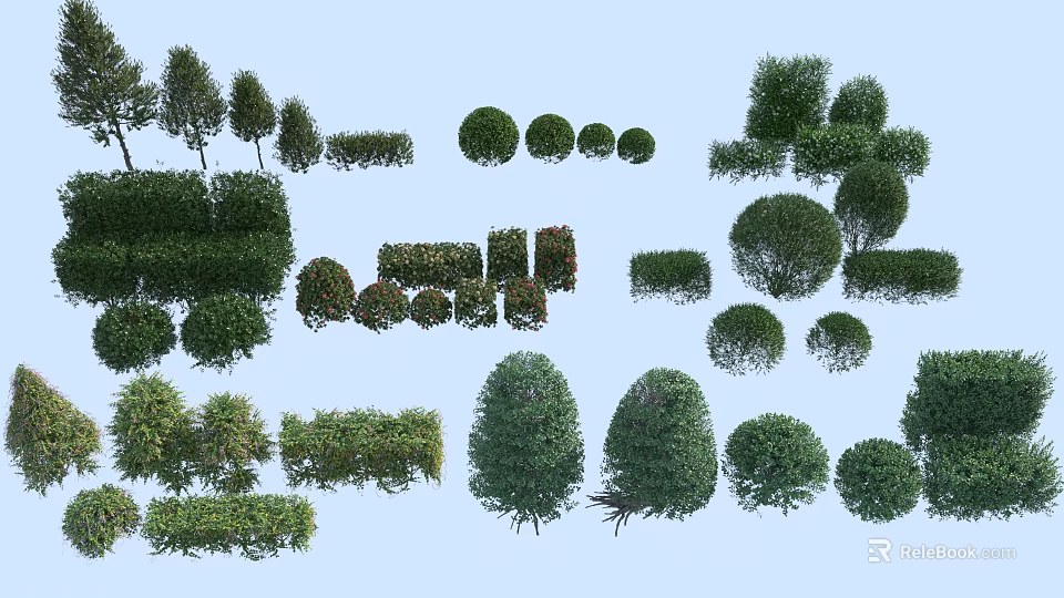Different Shapes And Sizes Of Decorative Shrubs For Garden Landscape Design 3d model 