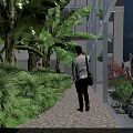 Modern Glass Canopy Structure at Building Entrance with Green Plants and Lawn