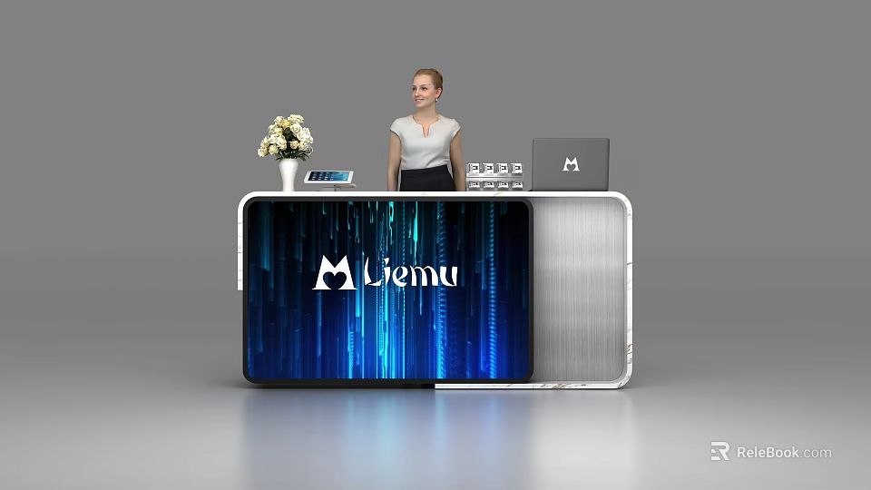 Stylish Modern Reception Desk With Blue Digital Display And White Flower Vase 3d model 