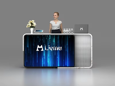 Stylish Modern Reception Desk With Blue Digital Display And White Flower Vase 3d model