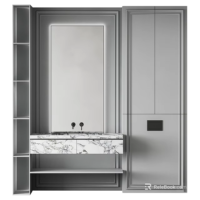 Marble Washbasin with Large Mirror Grey Cabinets and Shelves in Modern Bathroom 3d model 