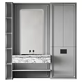 Marble Washbasin with Large Mirror Grey Cabinets and Shelves in Modern Bathroom