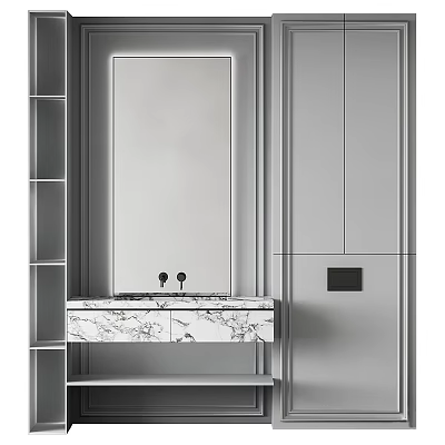 Marble Washbasin with Large Mirror Grey Cabinets and Shelves in Modern Bathroom 3d model