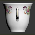 Delicate White Porcelain Cup With Colorful Floral Patterns On Body And Curved Handle