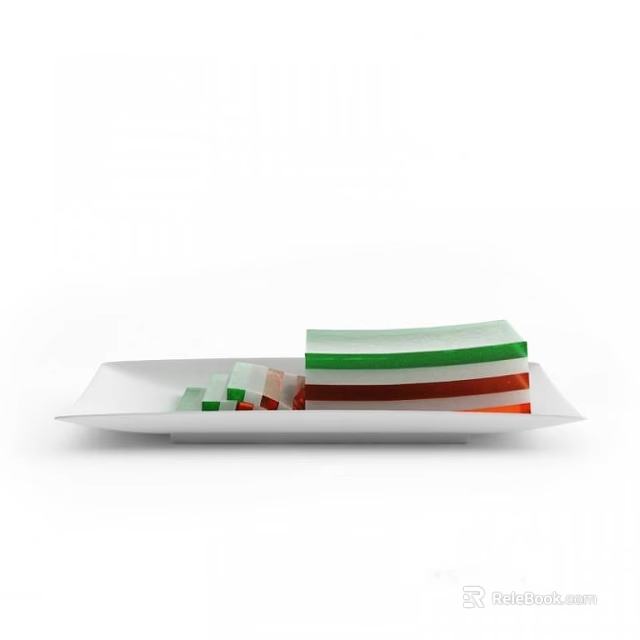 Delicious Colorful Square Shaped Food with Green White Red Orange Layers on White Plate 3d model 