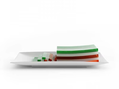 Delicious Colorful Square Shaped Food with Green White Red Orange Layers on White Plate 3d model