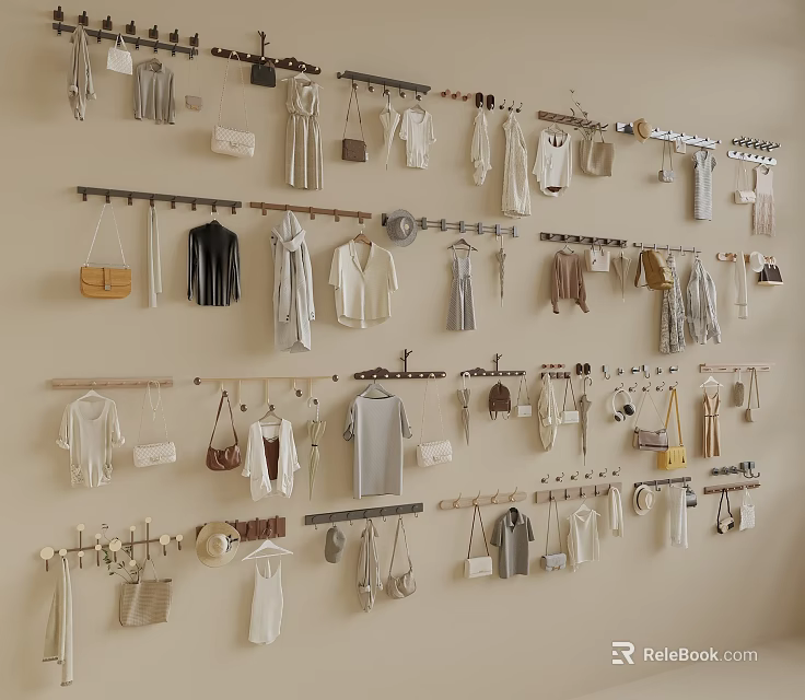Wall with Hanging Rods Displaying Various Clothes and Fashion Bags 3d model 