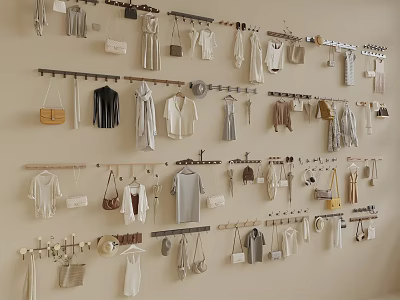 Wall with Hanging Rods Displaying Various Clothes and Fashion Bags 3d model