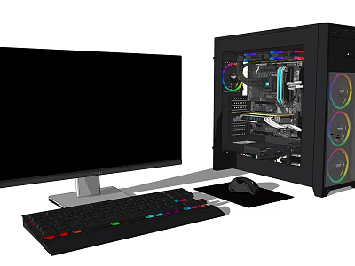 Gaming Desktop Setup With Monitor Keyboard Mouse RGB PC Case And Transparent Side Panel 3d model