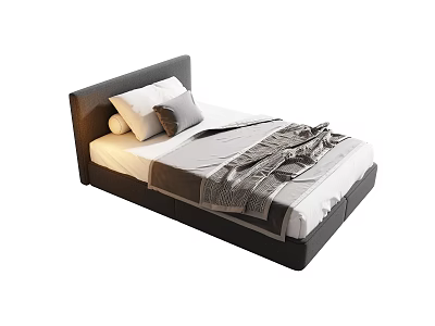 Modern Single Bed with Dark Headboard White Bed Sheet Gray Blanket and Pillows 3d model