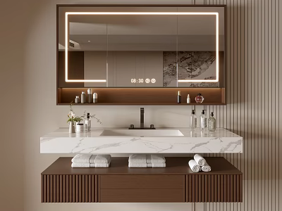 Modern Bathroom Cabinet Design With Marble Countertop LED Mirror Drawers Towels And Toiletries 3d model