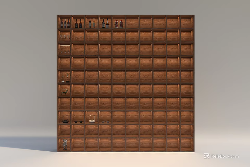 Brown Wooden Wine Cabinet Featuring Multiple Storage Compartments For Wine Bottles And Glasses 3d model 