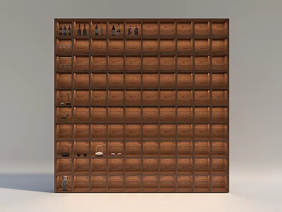 Brown Wooden Wine Cabinet Featuring Multiple Storage Compartments For Wine Bottles And Glasses 3d model
