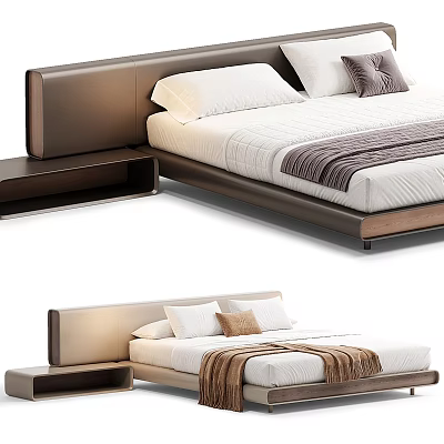 Modern Double Bed With Upholstered Headboard White Pillows Brown Throw Blanket And Wooden Frame 3d model