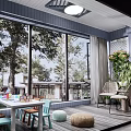 Modern Home Balcony With Large Glass Windows Wooden Flooring Kids Table And Chairs Green Plants