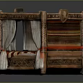 Traditional Wooden Bed With Intricate Carved Frame And White Canopies Red Ties