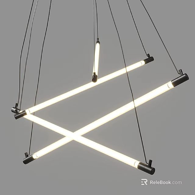 Modern Linear Chandelier with Minimalist Cross Design Hanging White Light Tubes 3d model 