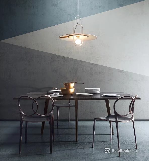 Modern Dining Table Set With Chairs Brass Pot White Plates Pendant Light And Gray Wall 3d model 