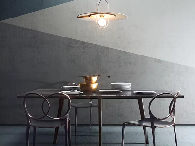 Modern Dining Table Set With Chairs Brass Pot White Plates Pendant Light And Gray Wall 3d model