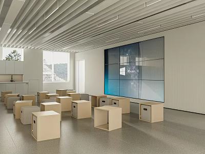 Modern Office Interior Design With Square Seats Large Screen Linear Ceiling And Windows 3d model