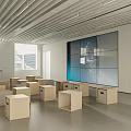 Modern Office Interior Design With Square Seats Large Screen Linear Ceiling And Windows