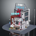 Miniature Japanese Style Commercial Building With Traditional Signboards Awnings And Bicycles