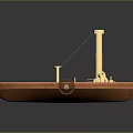 Playful Cartoon Scene With Cute Steamboat Brown Hull Golden Machinery And Small Wheels