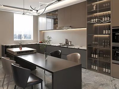 Modern Kitchen Interior Design With Island Counter Cabinets And Hanging Pendant Lights 3d model