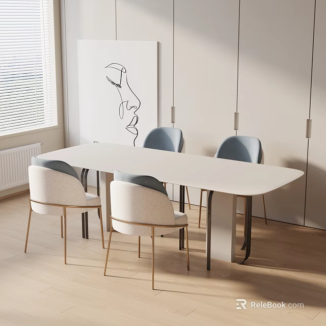 Modern White Dining Table Set with Four Light Colored Chairs Golden Legs Abstract Wall Art 3d model 